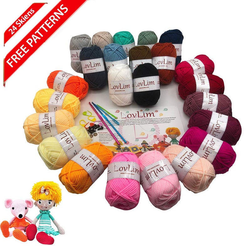 LovLim Crochet Yarn kit, 24 Soft Cotton Yarn skeins, 1500+ Yards, for Crochet and Knitting, Craft DK Yarn, Free Crochet/Amigurumi Patterns, Perfect Starter kit - Image 3